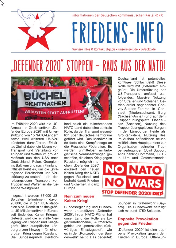 DKP-Information Friedens-Info: „Defender 2020“ stoppen – raus aus der NATO!  (PDF, 2.40 MB)